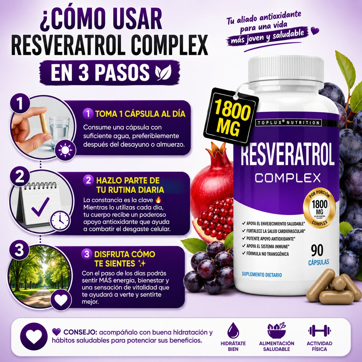 Resveratrol 1800mg Natural Complex Antienvejecimiento 90 Capsulas