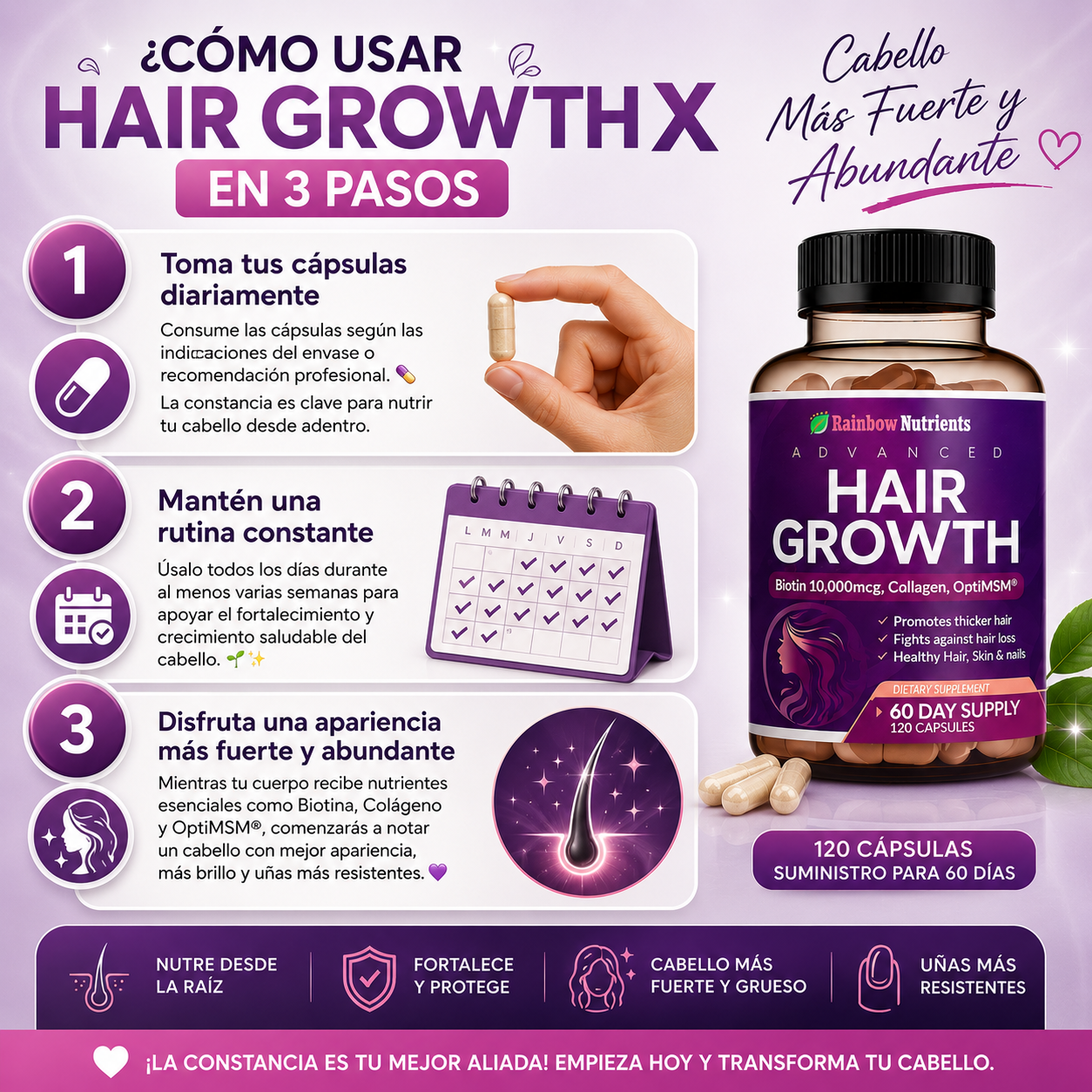 HAIR GROWTH - Cabello Mas Fuerte y Abundante (60 Dias de Tratamiento - 120 CÁPSULAS)