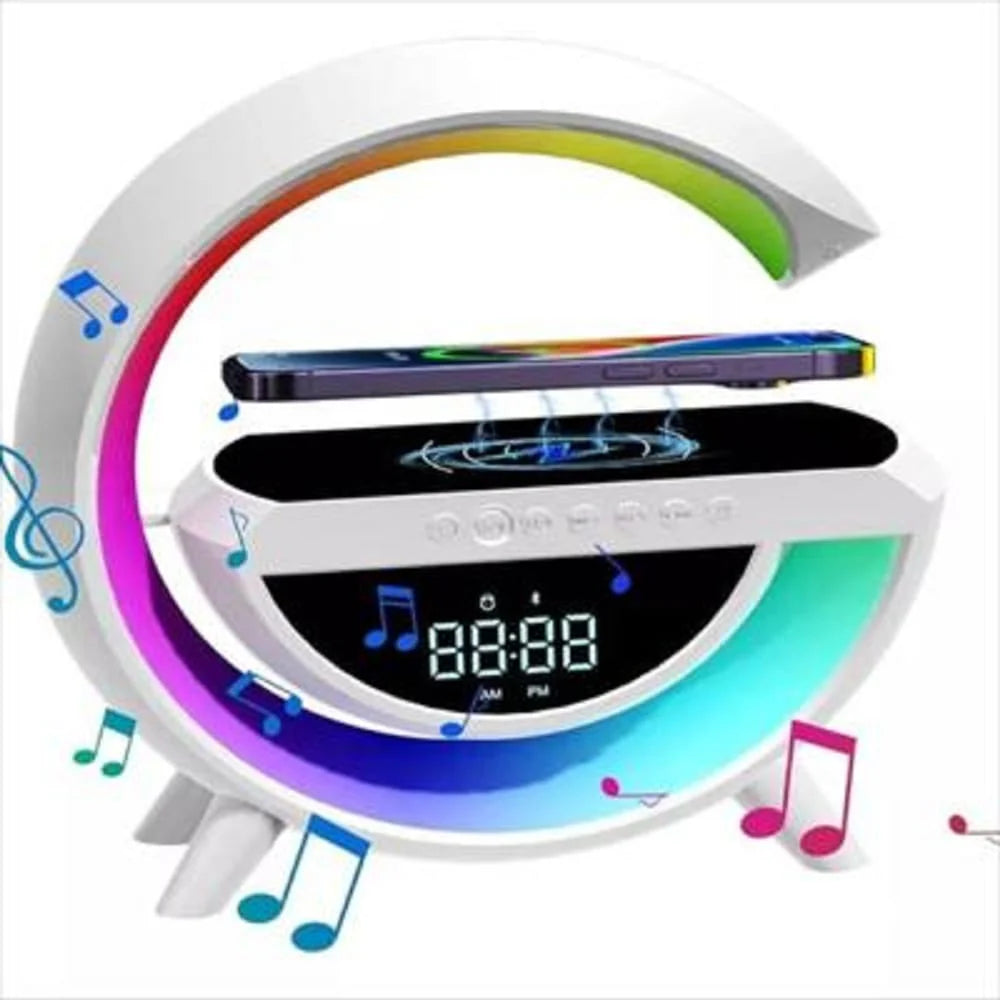 Lampara de Luz Led/Bocina G con Bluetooth, Cargador Inalambrico para Celular, Reloj, Alarma y Radio FM