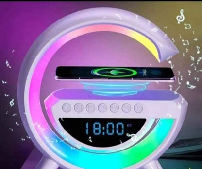 Lampara de Luz Led/Bocina G con Bluetooth, Cargador Inalambrico para Celular, Reloj, Alarma y Radio FM