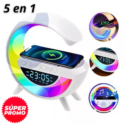 Lampara de Luz Led/Bocina G con Bluetooth, Cargador Inalambrico para Celular, Reloj, Alarma y Radio FM