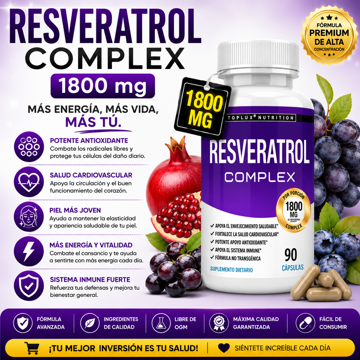 Resveratrol 1800mg Natural Complex Antienvejecimiento 90 Capsulas