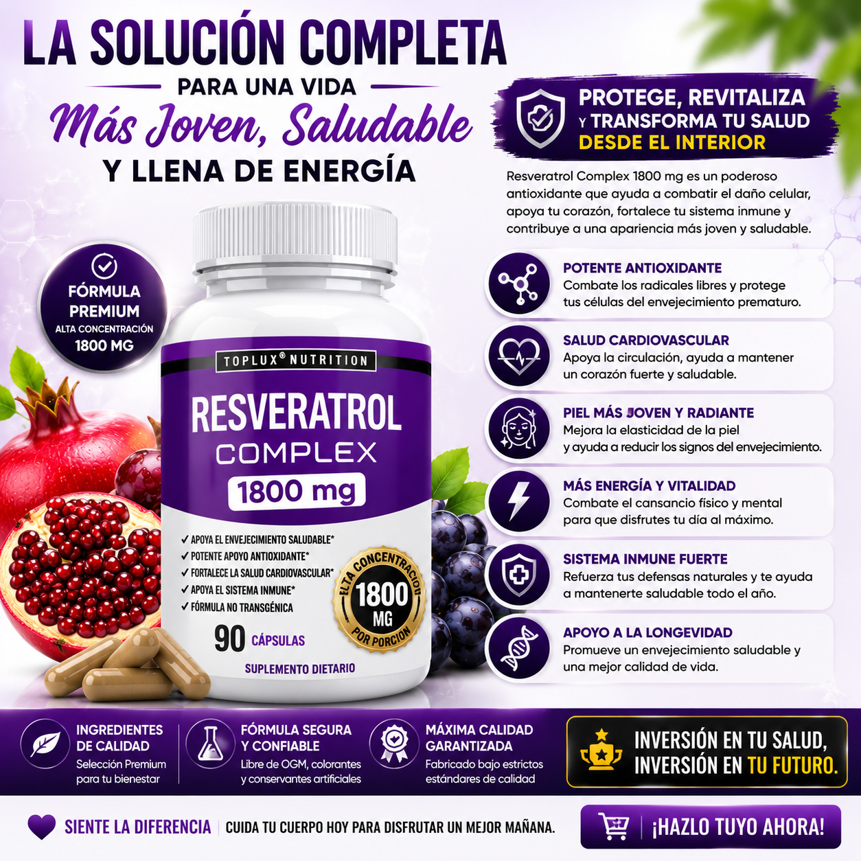 Resveratrol 1800mg Natural Complex Antienvejecimiento 90 Capsulas