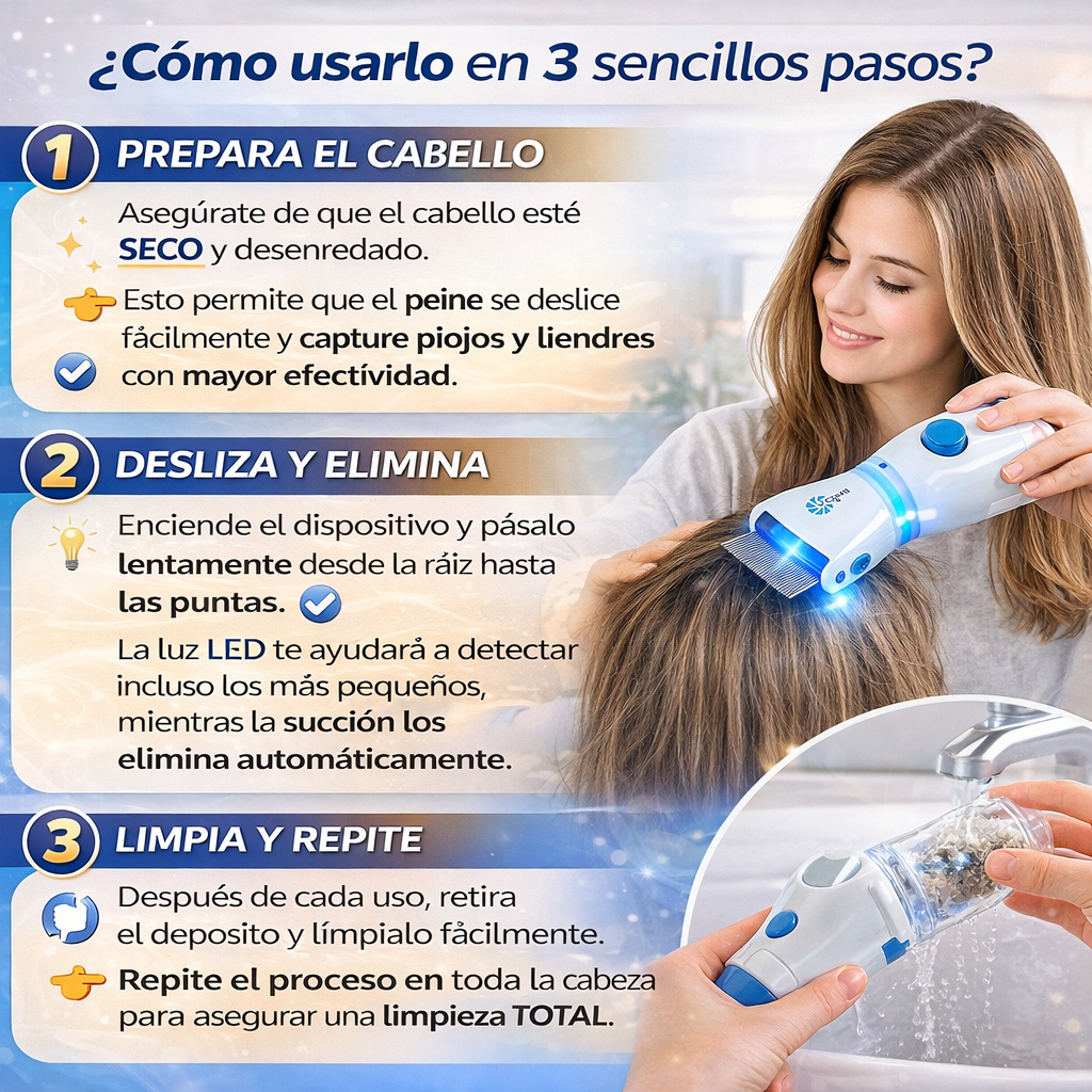 PEINE ELÉCTRICO ANTIPIOJOS CON SUCCIÓN + LUZ LED