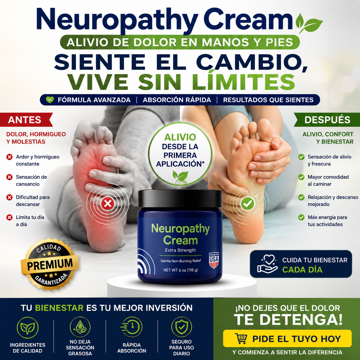 Neuropathy Cream Alivio de Dolor en Manos y Pies - Siente el Alivio desde la Primera Aplicación