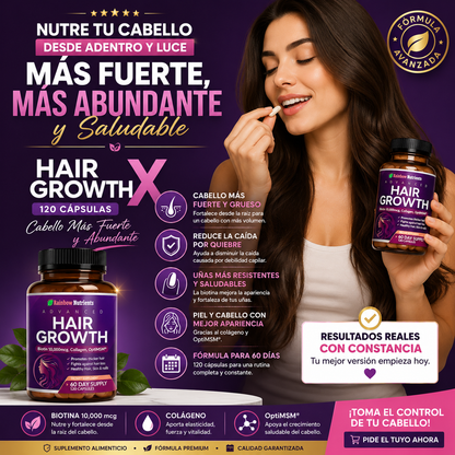 HAIR GROWTH - Cabello Mas Fuerte y Abundante (60 Dias de Tratamiento - 120 CÁPSULAS)