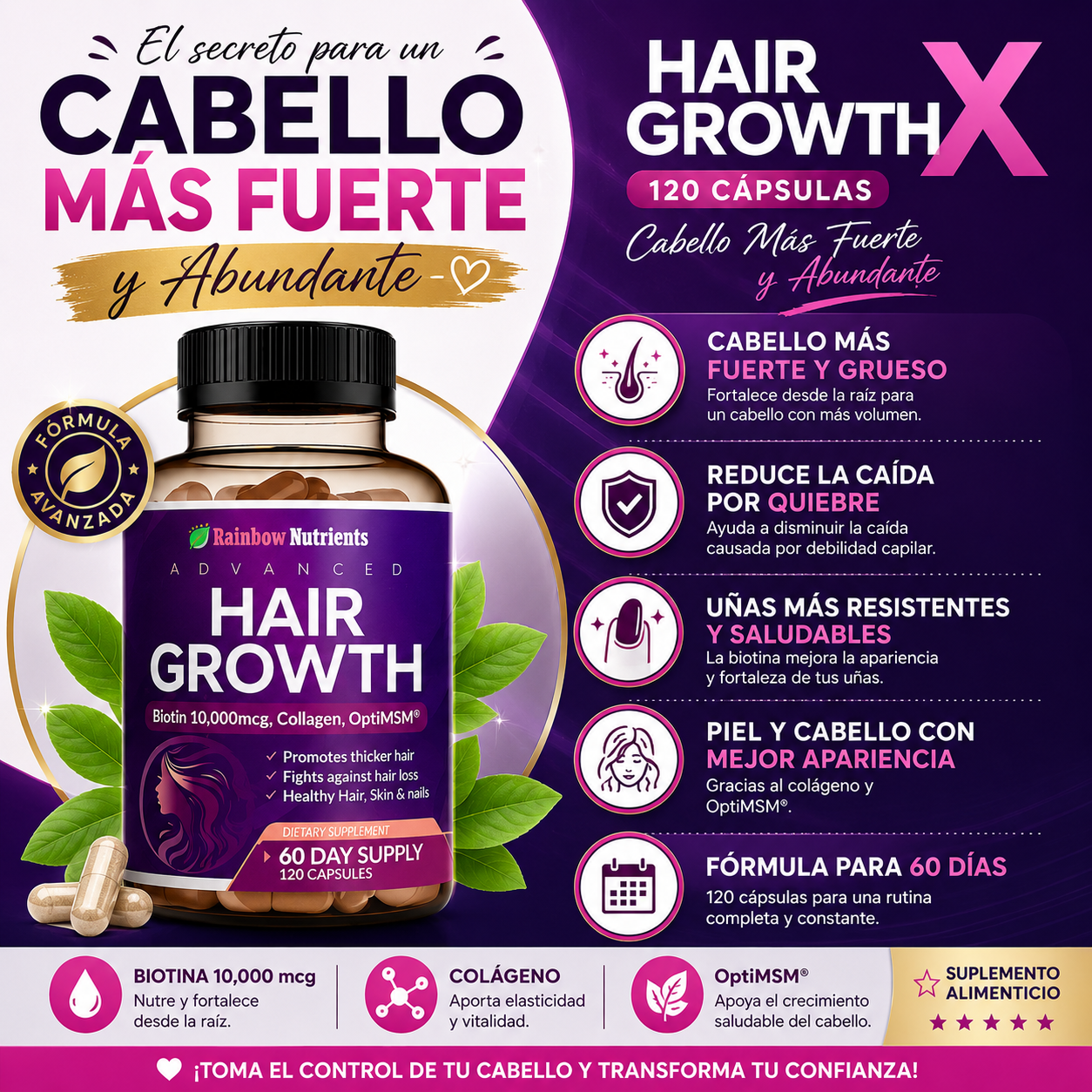 HAIR GROWTH - Cabello Mas Fuerte y Abundante (60 Dias de Tratamiento - 120 CÁPSULAS)
