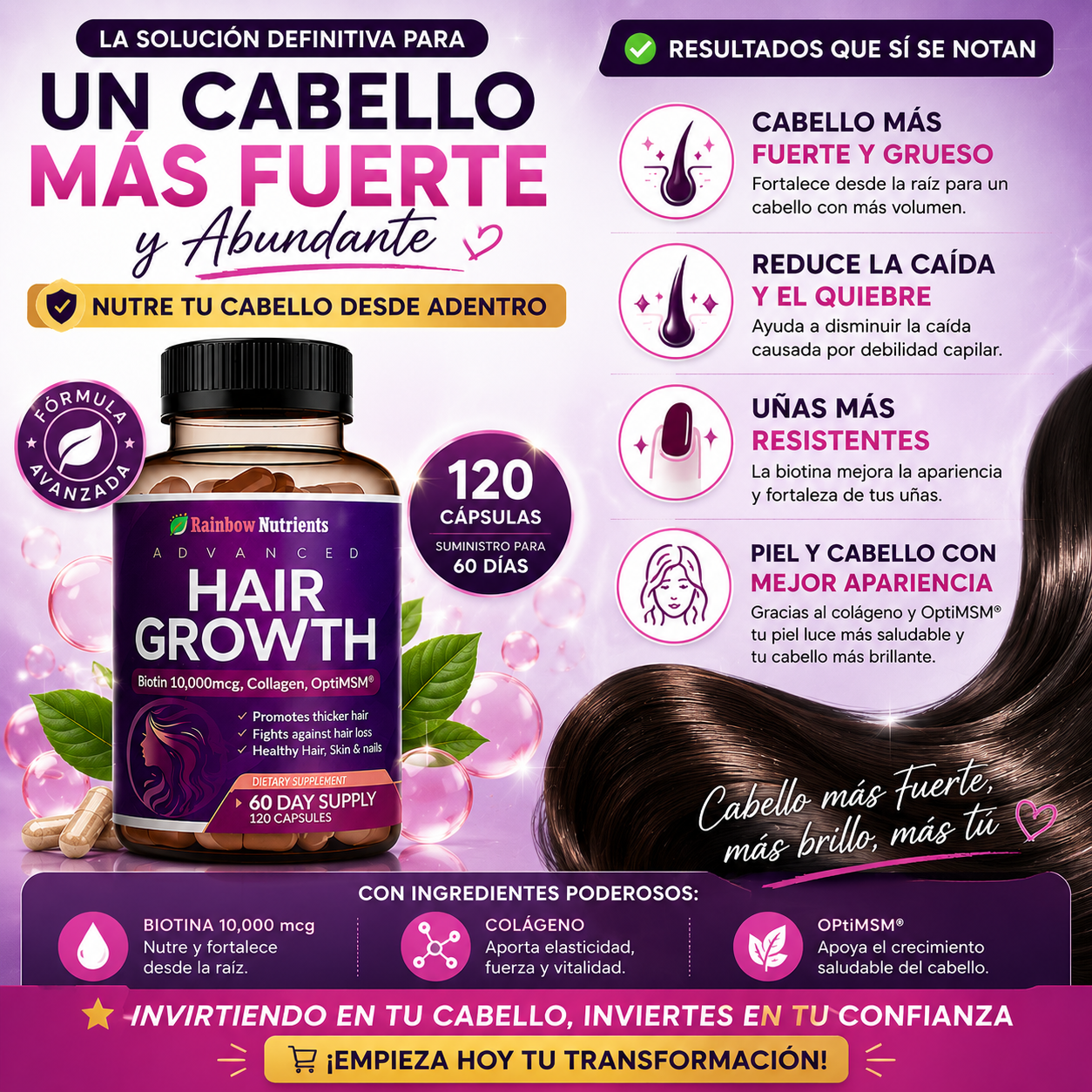 HAIR GROWTH - Cabello Mas Fuerte y Abundante (60 Dias de Tratamiento - 120 CÁPSULAS)