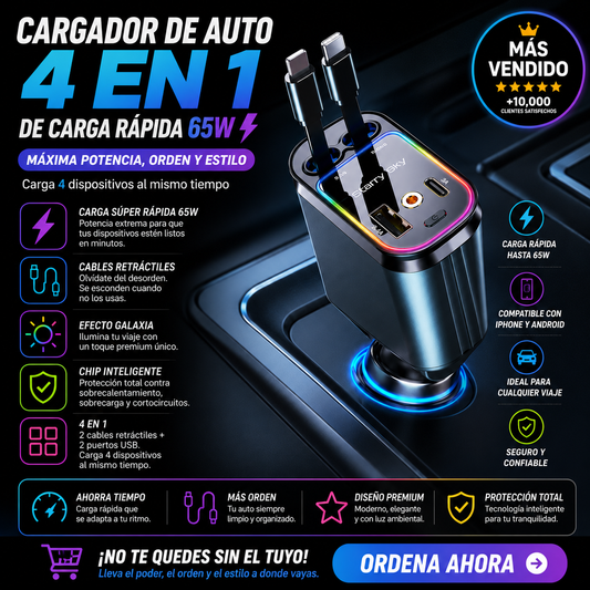 Cargador de Auto 4 en 1 de Carga Rápida 65W.