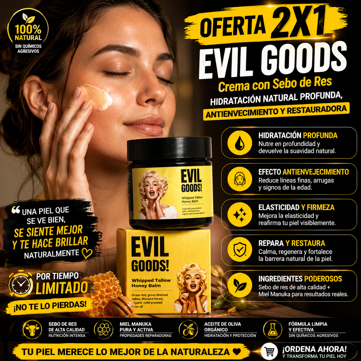 OFERTA 2X1  EVIL GOODS Crema con Sebo de Res - Hidratación Natural Profunda, AntiEnvejecimiento y Restauradora
