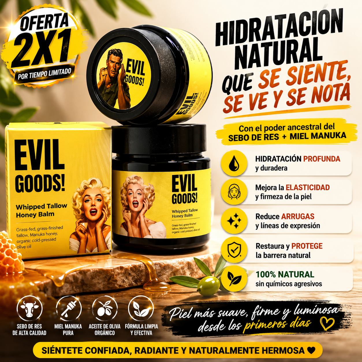 OFERTA 2X1  EVIL GOODS Crema con Sebo de Res - Hidratación Natural Profunda, AntiEnvejecimiento y Restauradora