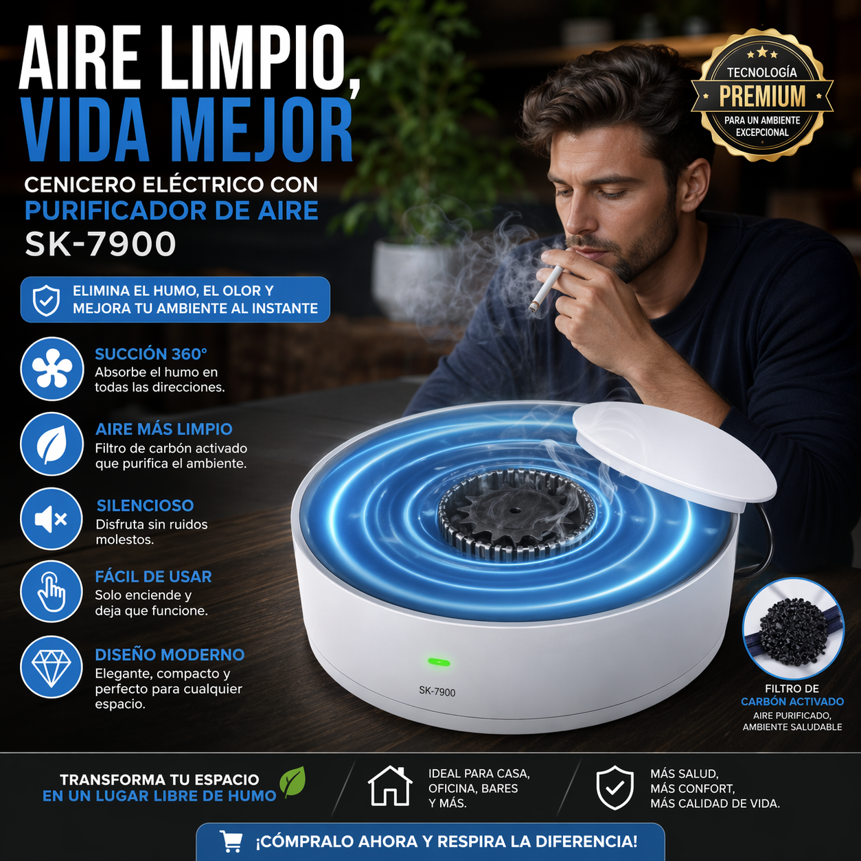 Cenicero Eléctrico con Purificador de Aire Multifuncional Inteligente USB