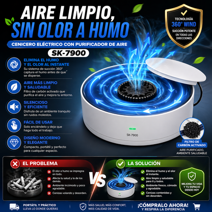 Cenicero Eléctrico con Purificador de Aire Multifuncional Inteligente USB