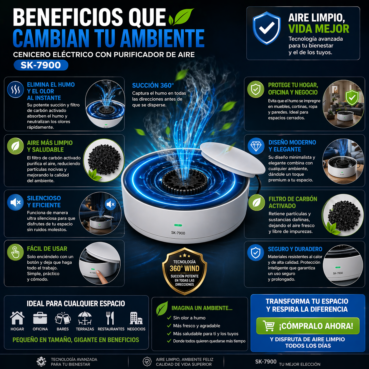 Cenicero Eléctrico con Purificador de Aire Multifuncional Inteligente USB