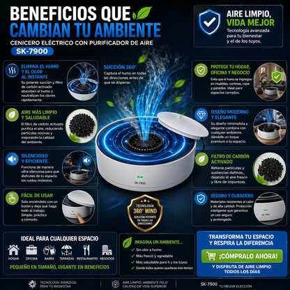 Cenicero Eléctrico con Purificador de Aire Multifuncional Inteligente USB