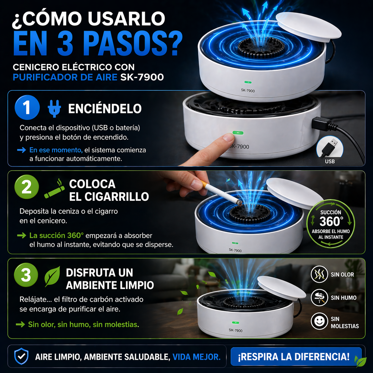 Cenicero Eléctrico con Purificador de Aire Multifuncional Inteligente USB