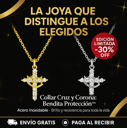 Collar Cruz y Corona Bendita Protección (Acero Inoxidable)